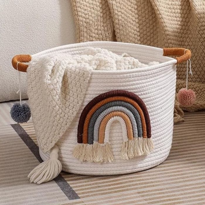 cotton storage basket with rainbow on it